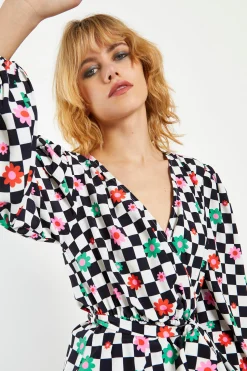 Glamorous Blouses & Shirts|Checkerboard Flower Wrap Blouse with Tie detail -