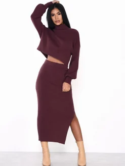 Glamorous Knitted Skirts|Midi & Midaxi Skirts|Chocolate Plum Side Split Knit Midi Skirt -