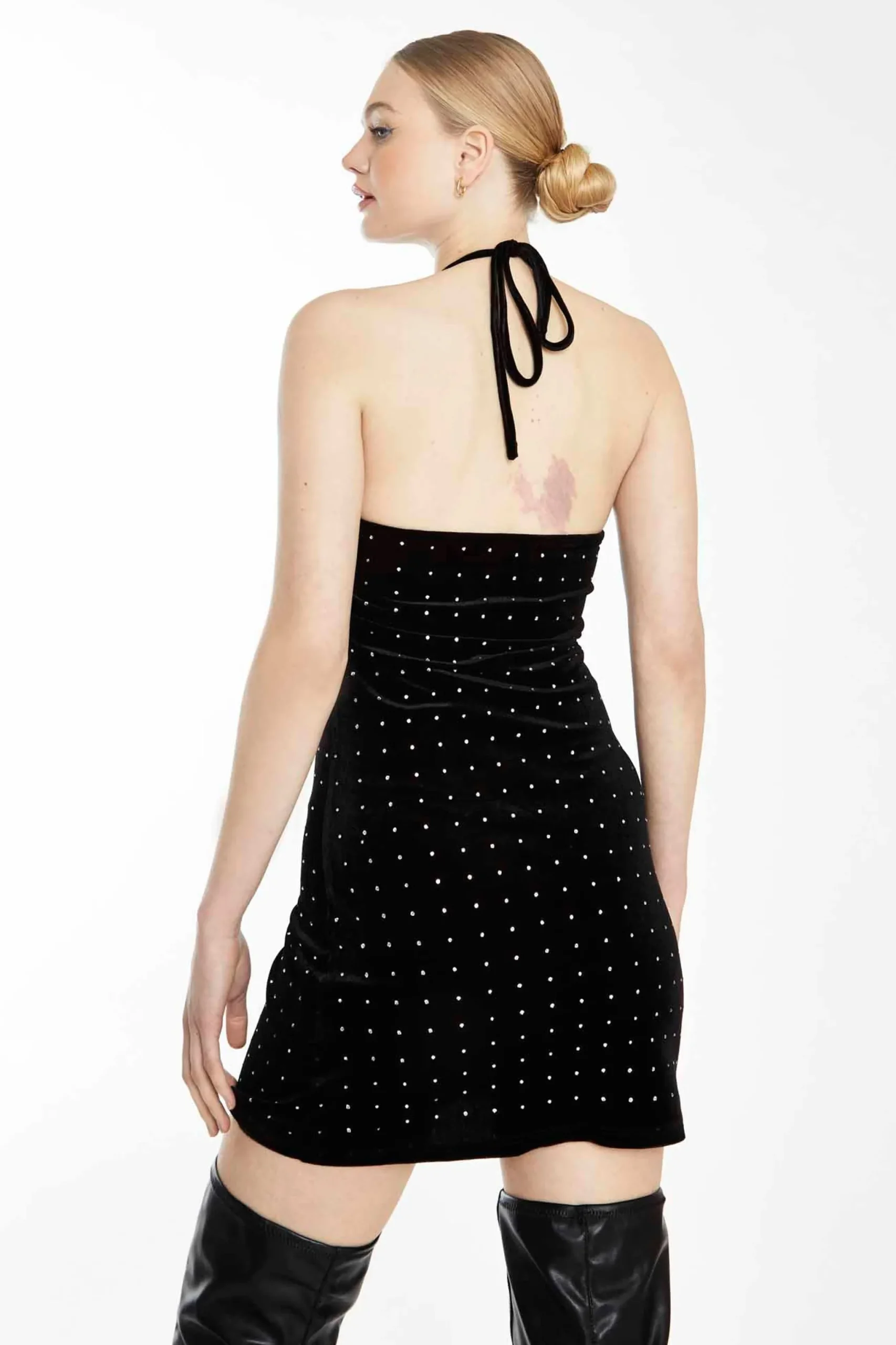 Glamorous Go To Partywear|Party Dresses|Collection Black Diamante Velvet Halter Neck Mini Dress with -