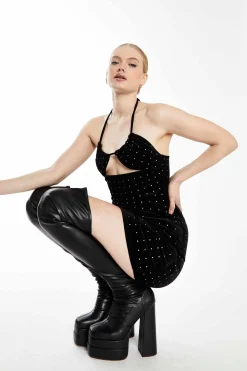 Glamorous Go To Partywear|Party Dresses|Collection Black Diamante Velvet Halter Neck Mini Dress with -