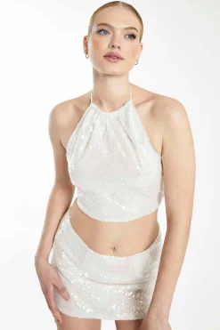 Glamorous Going Out Tops|Go To Partywear|Collection Silver Sequin Halterneck Crop Top with Lace-up Ba -