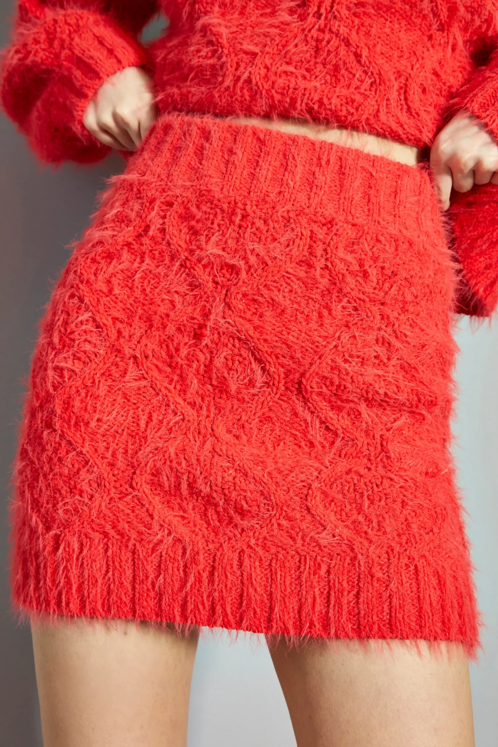 Glamorous Co-ords|Knitted Co-ords|Coral Red Knitted Mini Skirt -