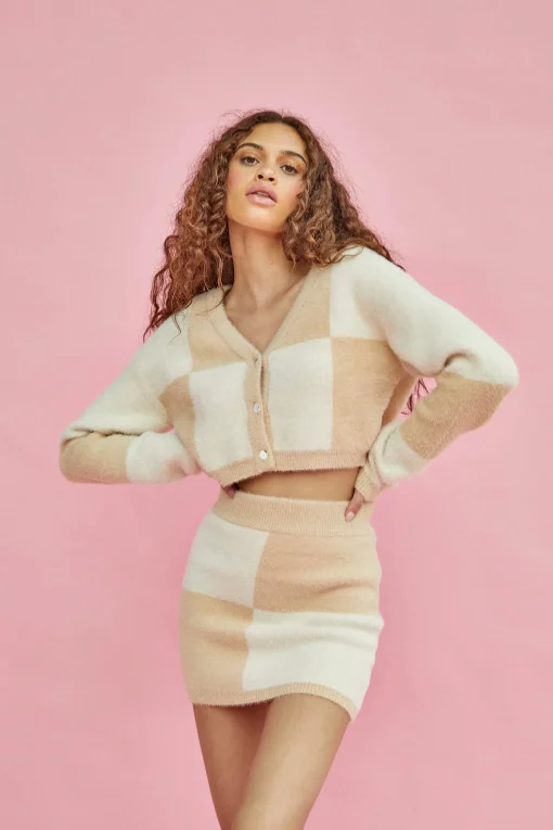Glamorous Cardigans|Cream Beige Intarsia V-Neck Cardigan -