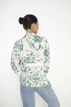 Glamorous Blouses & Shirts|Cream Green Abstract Oversized Blouse with Wrap Tie -