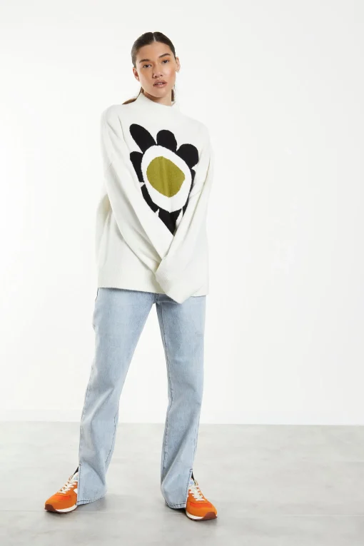 Glamorous Jumpers|Cream Large Flower Knitted Oversized Jumper -