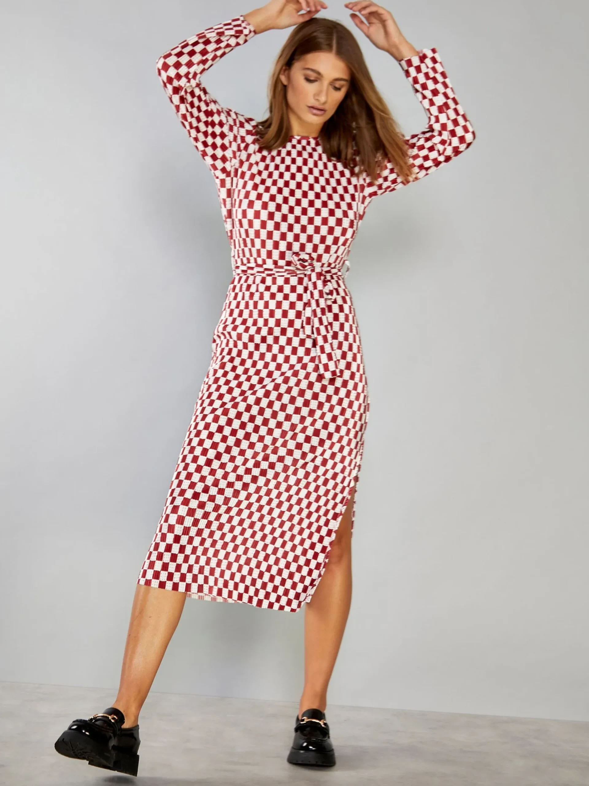 Glamorous Midi & Midaxi Dresses|Midi & Midaxi Dresses|Dark Red Check Plisse Side Split Tie Waist Midi Dress -