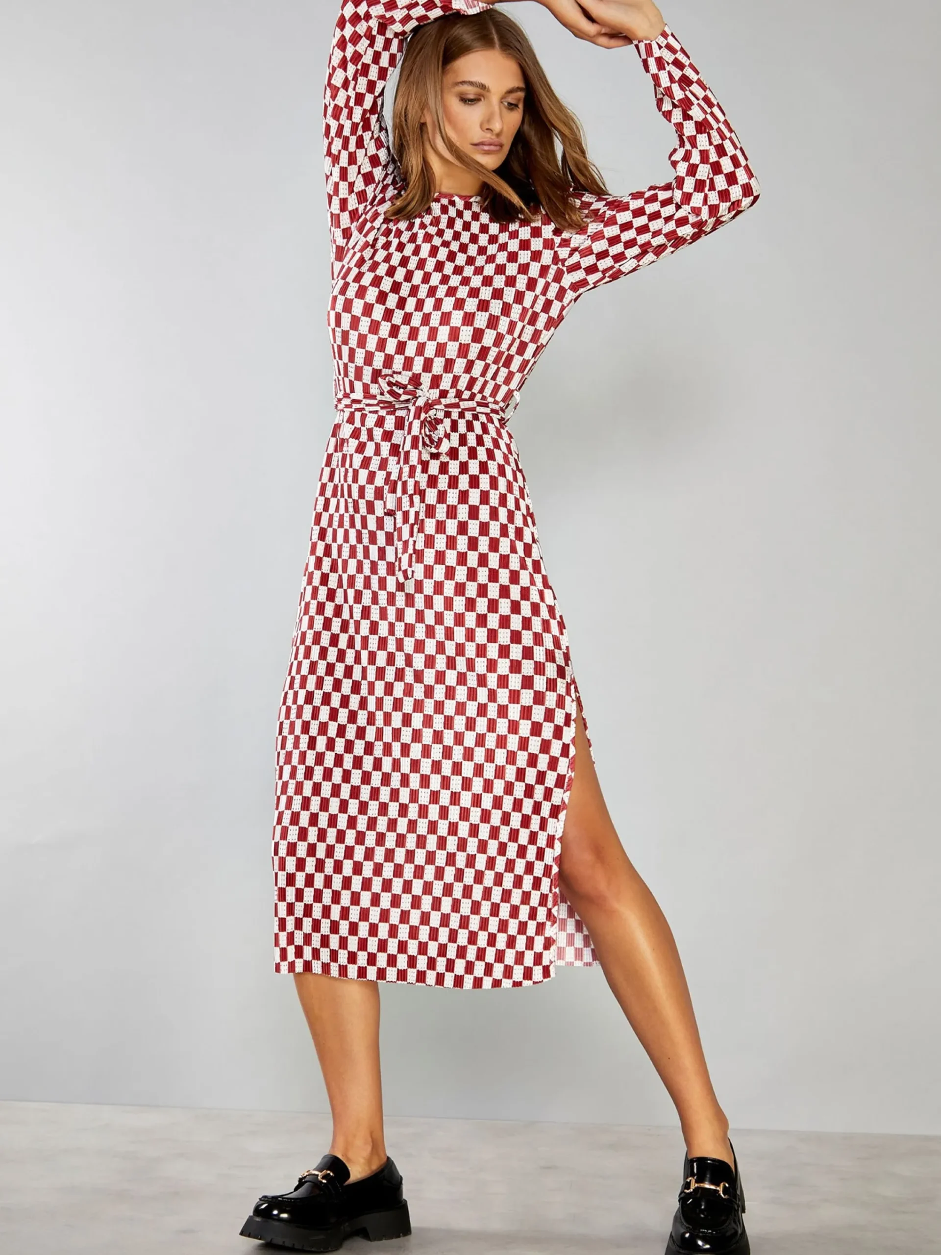Glamorous Midi & Midaxi Dresses|Midi & Midaxi Dresses|Dark Red Check Plisse Side Split Tie Waist Midi Dress -