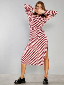 Glamorous Midi & Midaxi Dresses|Midi & Midaxi Dresses|Dark Red Check Plisse Side Split Tie Waist Midi Dress -