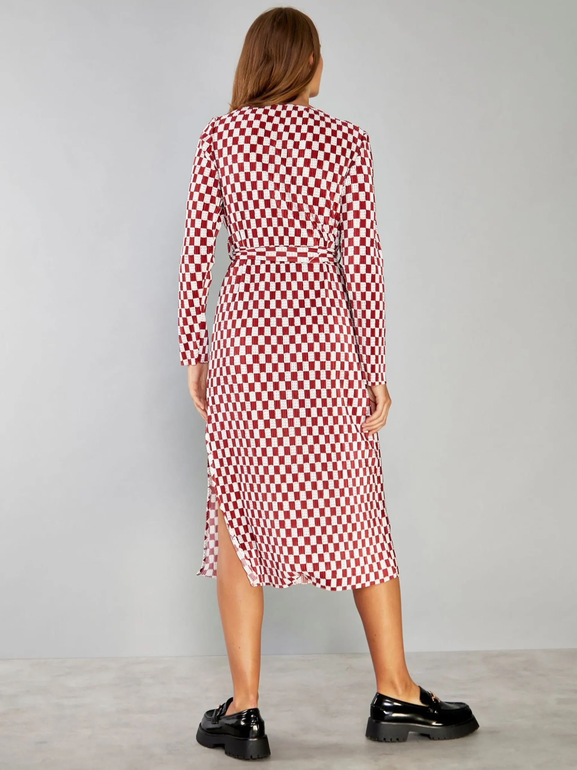 Glamorous Midi & Midaxi Dresses|Midi & Midaxi Dresses|Dark Red Check Plisse Side Split Tie Waist Midi Dress -
