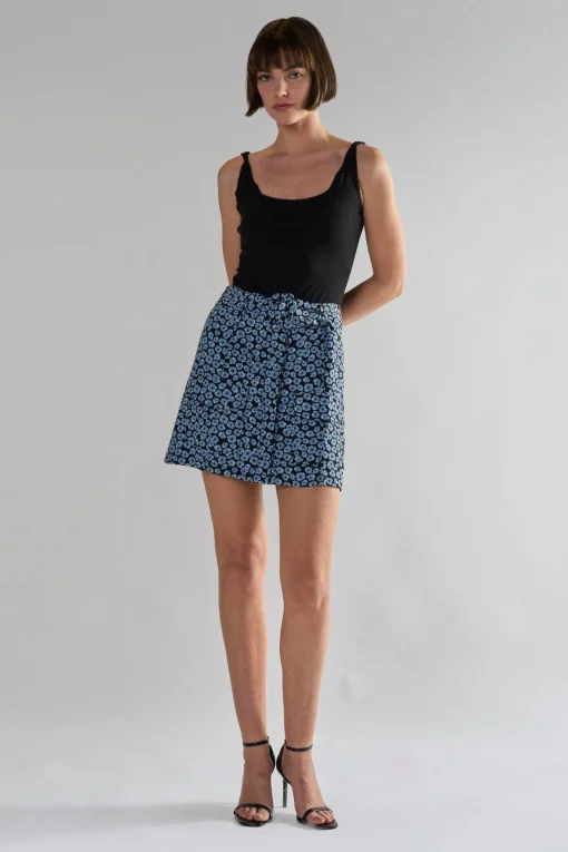 Glamorous Mini Skirts|Dusty Blue Mini Floral Belted Mini Skirt -