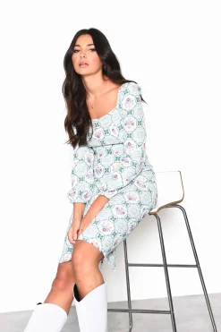 Glamorous Midi & Midaxi Dresses|Midi & Midaxi Dresses|Green Floral Gingham Square Neck Midi Dress with Centre Back -