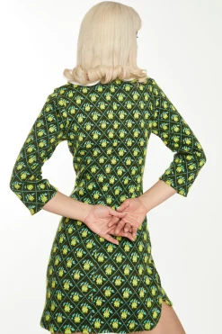 Glamorous Workwear|Go To Partywear|Green Multi White Mini Dress with long Sleeves & Curved Coll -