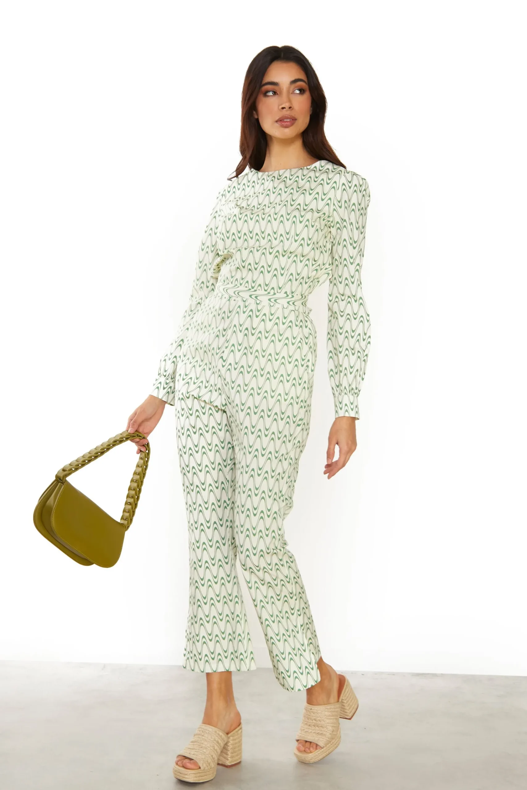 Glamorous Jet Setter|Co-ords|Green Retro Wave High Waisted 3/4 Length Trousers -