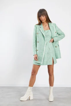 Glamorous Co-ords|Blazers|Green Tweed White Oversized Blazer with Contrast Trim -