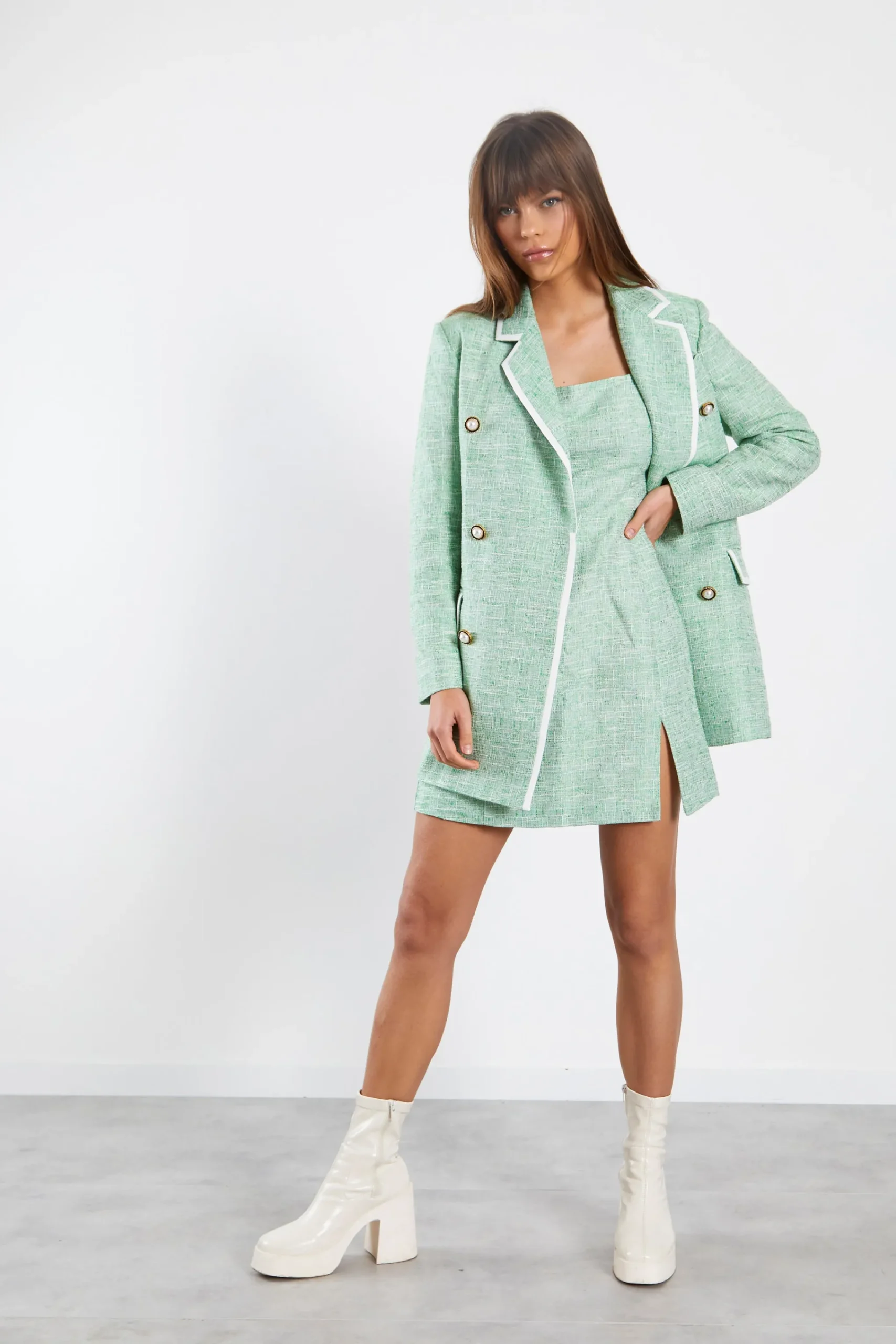 Glamorous Co-ords|Blazers|Green Tweed White Oversized Blazer with Contrast Trim -