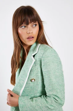 Glamorous Co-ords|Blazers|Green Tweed White Oversized Blazer with Contrast Trim -