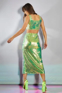 Glamorous Going Out Skirts|Go To Partywear|Iridescent Line Sequin Midi Pencil Skirt with Side Split -