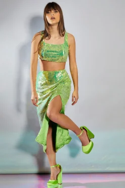 Glamorous Going Out Skirts|Go To Partywear|Iridescent Line Sequin Midi Pencil Skirt with Side Split -