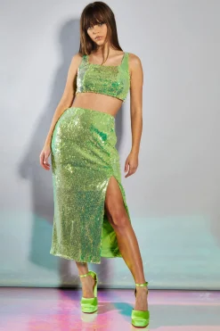 Glamorous Going Out Skirts|Go To Partywear|Iridescent Line Sequin Midi Pencil Skirt with Side Split -