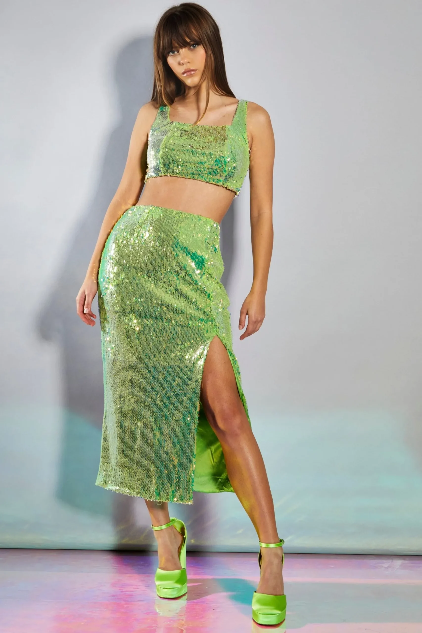 Glamorous Going Out Skirts|Go To Partywear|Iridescent Line Sequin Midi Pencil Skirt with Side Split -