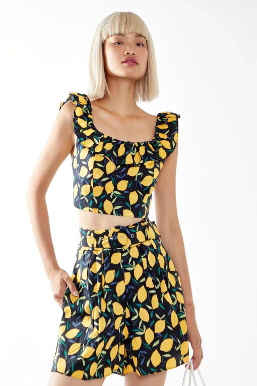 Glamorous Chic Escapes|Lemon Print Square Neck Ruffle Crop Top -