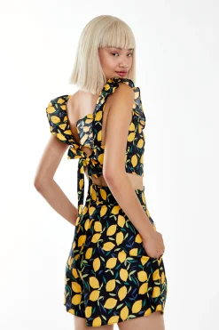 Glamorous Chic Escapes|Lemon Print Square Neck Ruffle Crop Top -