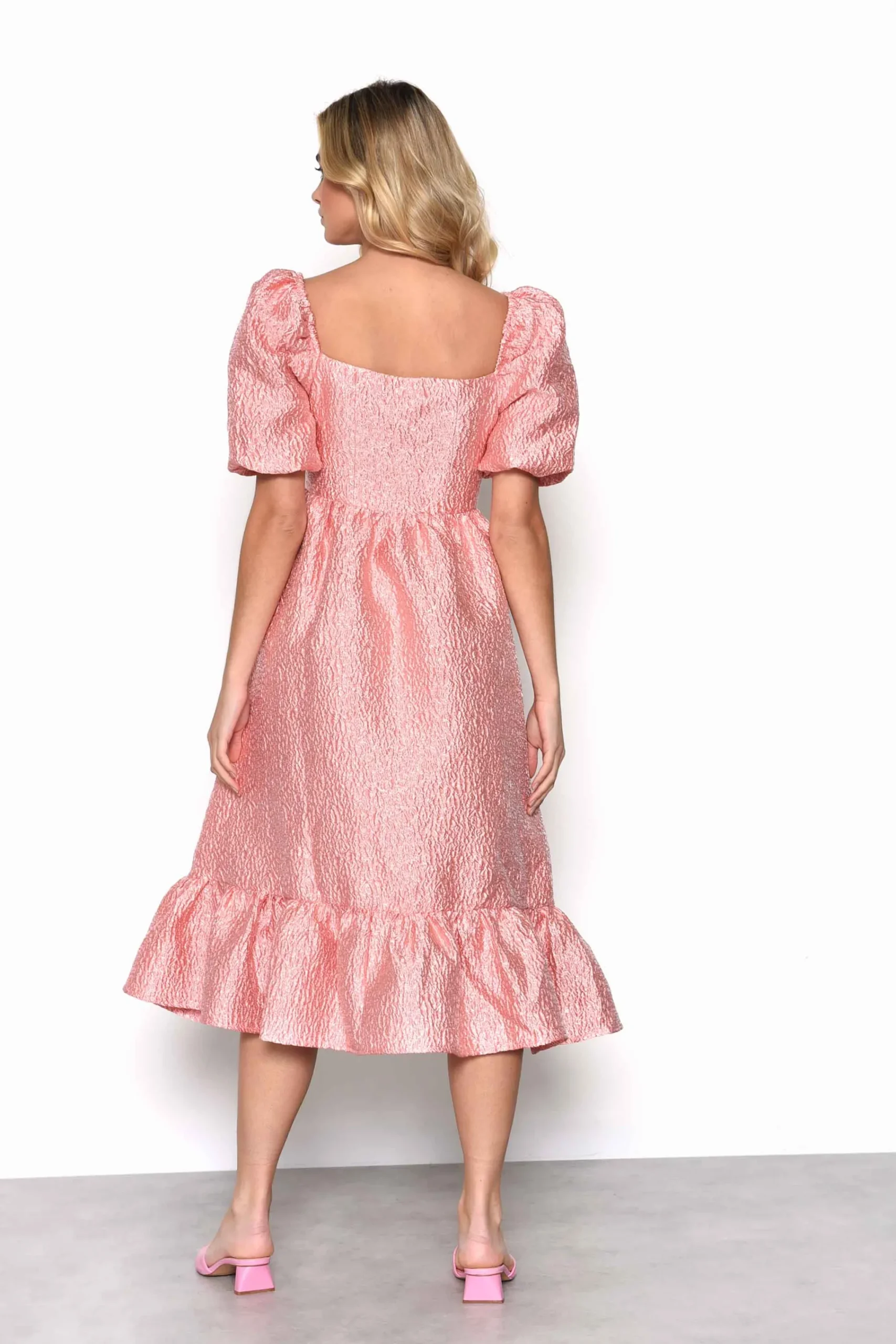 Glamorous Midi & Midaxi Skirts|Midi & Midaxi Dresses|Light Coral Textured Square Neck Puff Sleeve Empire line Mid -