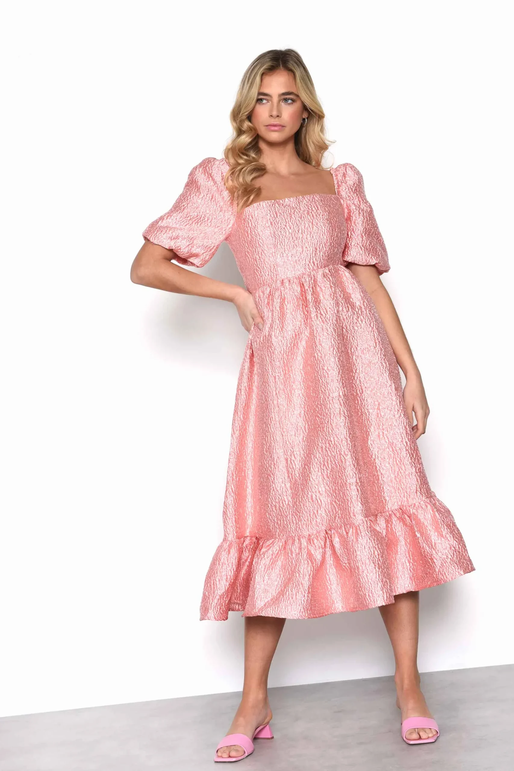 Glamorous Midi & Midaxi Skirts|Midi & Midaxi Dresses|Light Coral Textured Square Neck Puff Sleeve Empire line Mid -