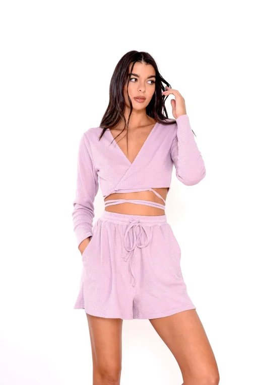 Glamorous Chic Escapes|Lilac Pink Velour Rib Wrap Crop Top -