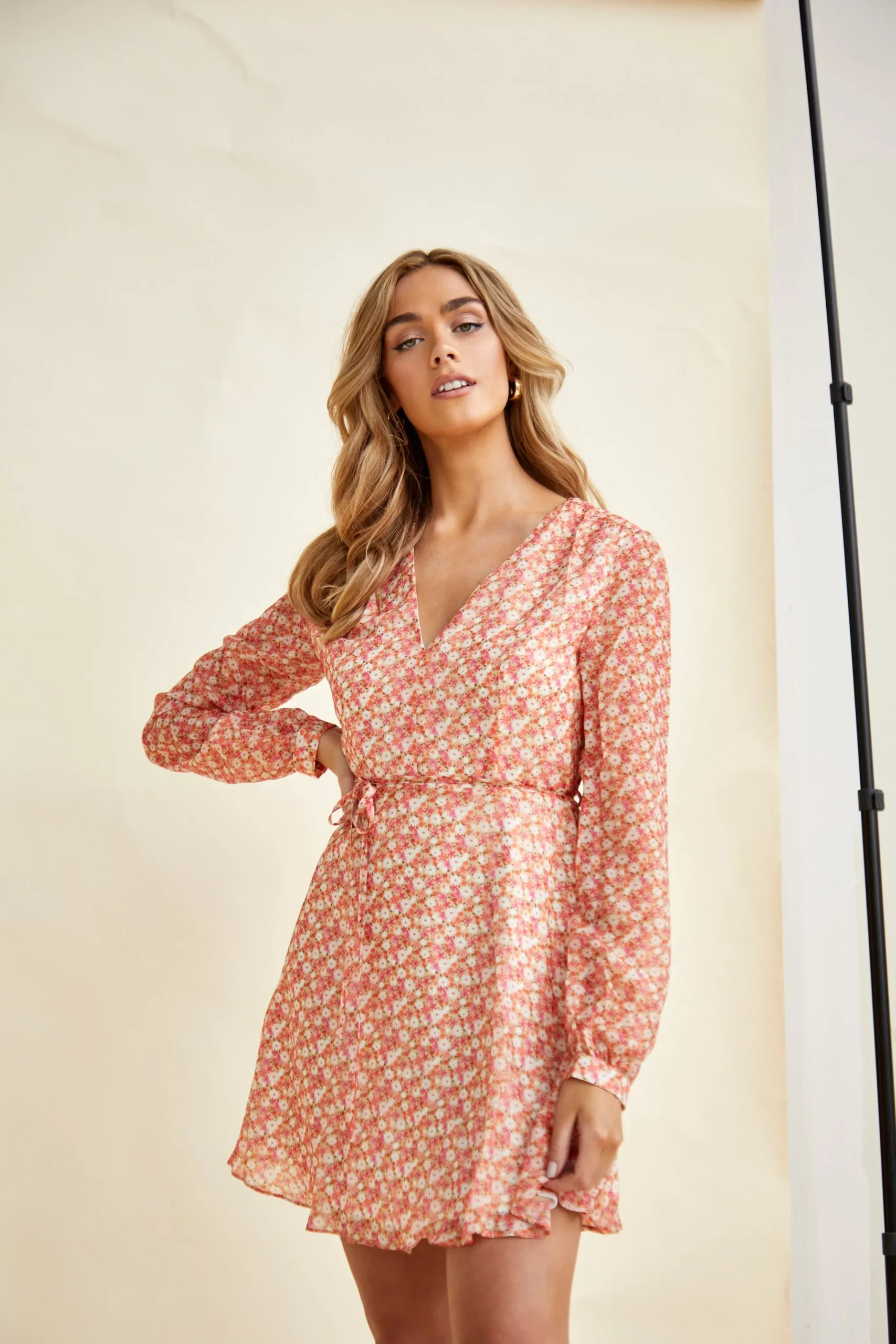 Glamorous Mini Dresses|Mini Dresses|Low V-Neck Mini dress with Long Sleeves & Waist Tie -