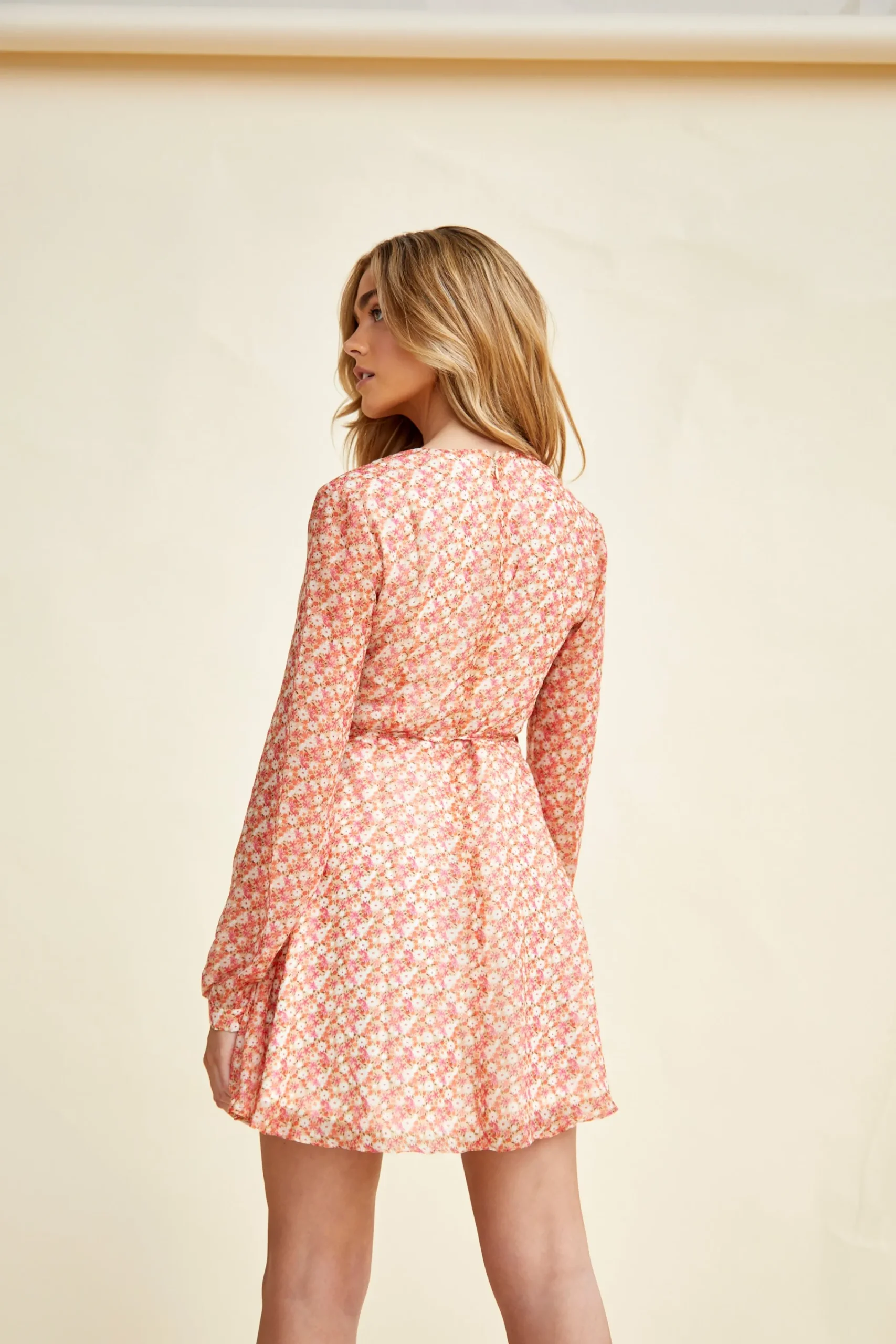 Glamorous Mini Dresses|Mini Dresses|Low V-Neck Mini dress with Long Sleeves & Waist Tie -