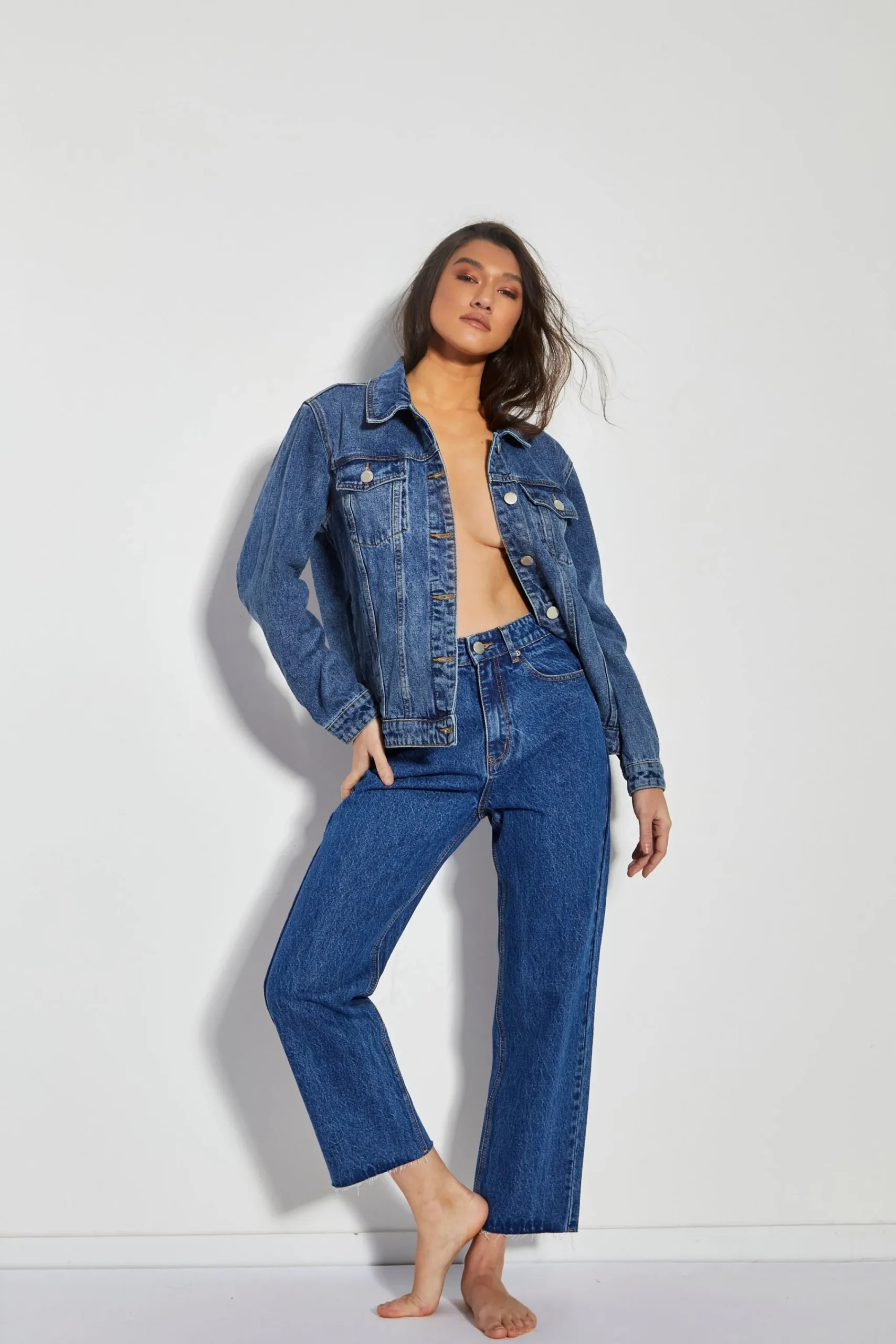 Glamorous Straight Leg Jeans|Mid Blue Vintage Cut Off Straight Leg Jeans -