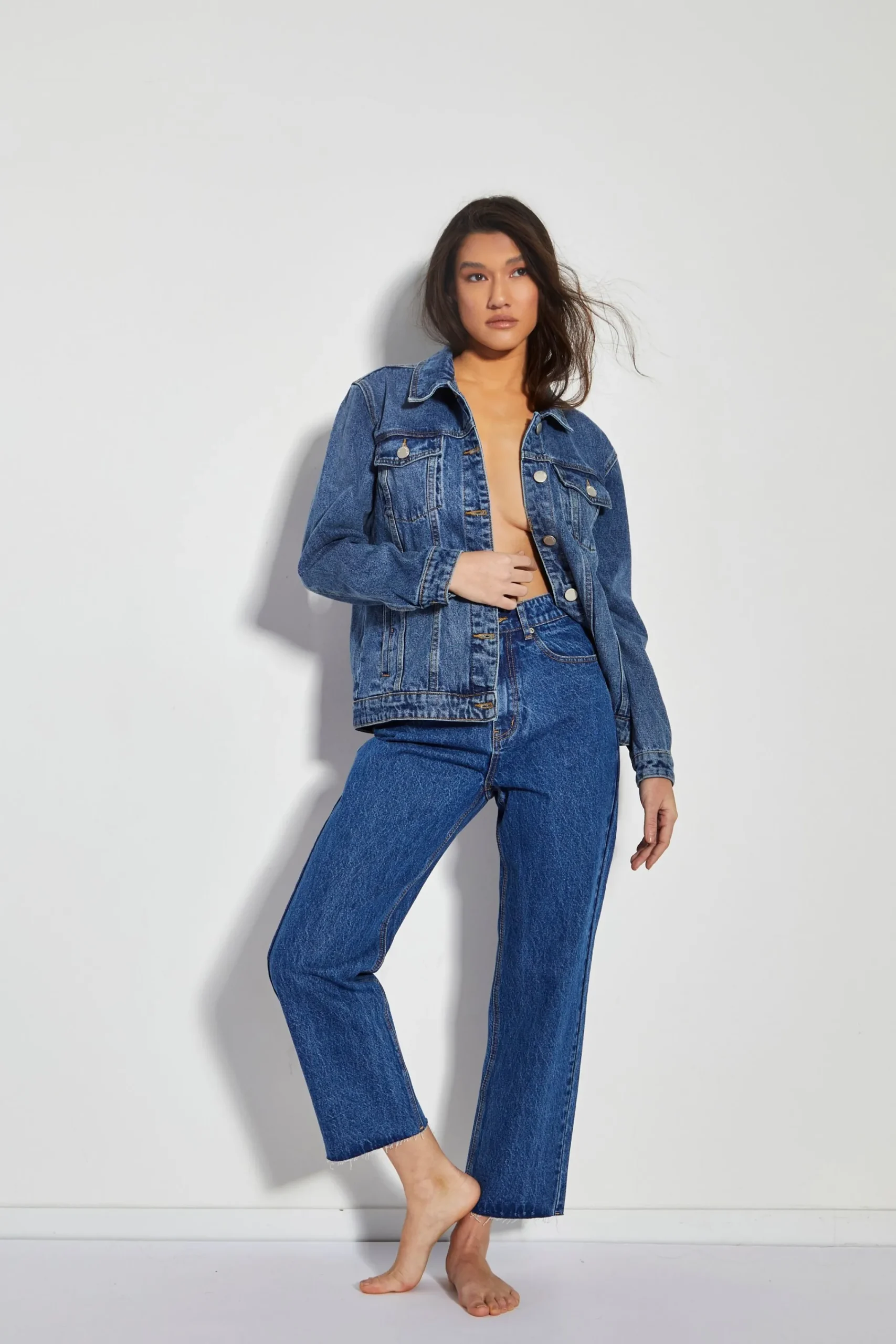 Glamorous Straight Leg Jeans|Mid Blue Vintage Cut Off Straight Leg Jeans -