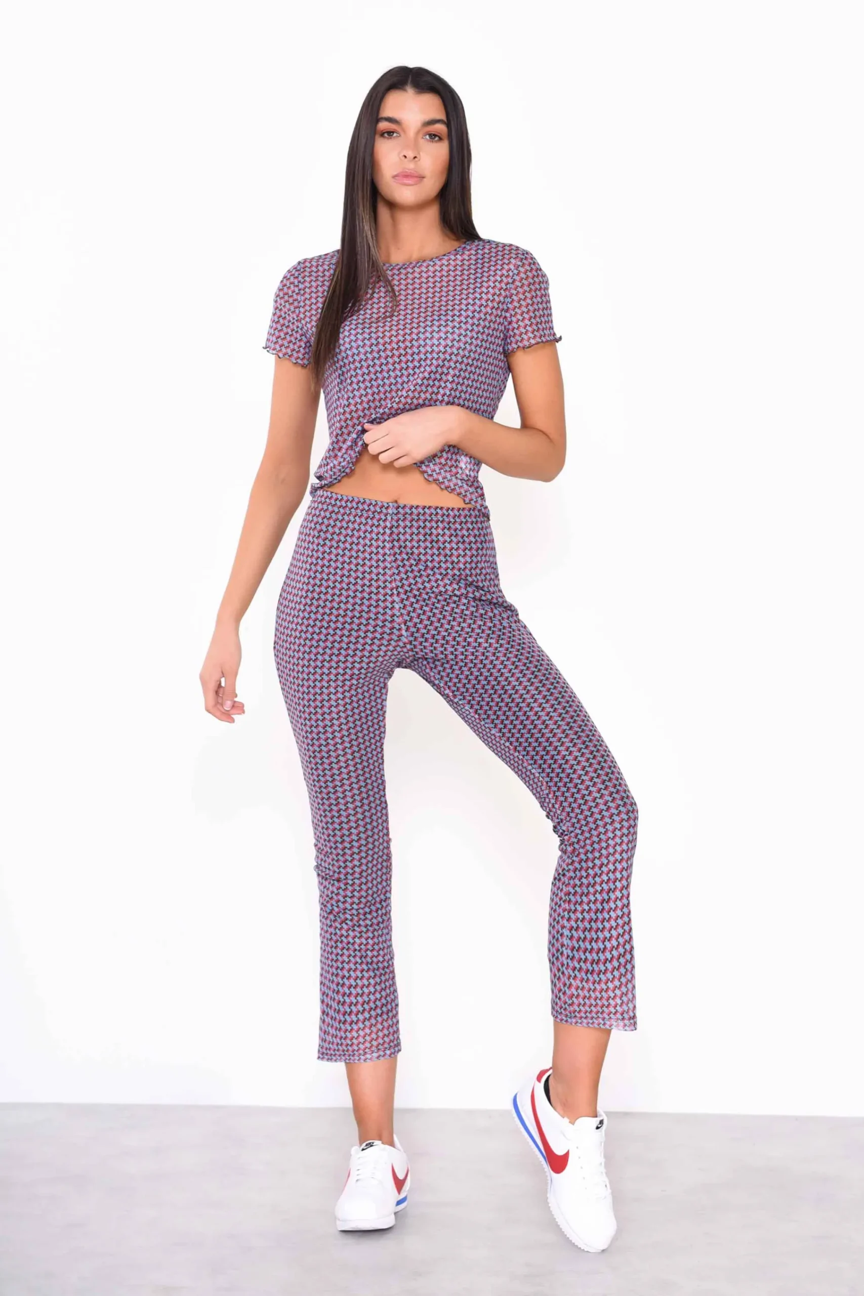 Glamorous Flares|Mini Geo Mesh Cropped Flared Trousers -