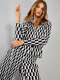 Glamorous Blouses & Shirts|Mono Check Plisse Button Front Shirt -