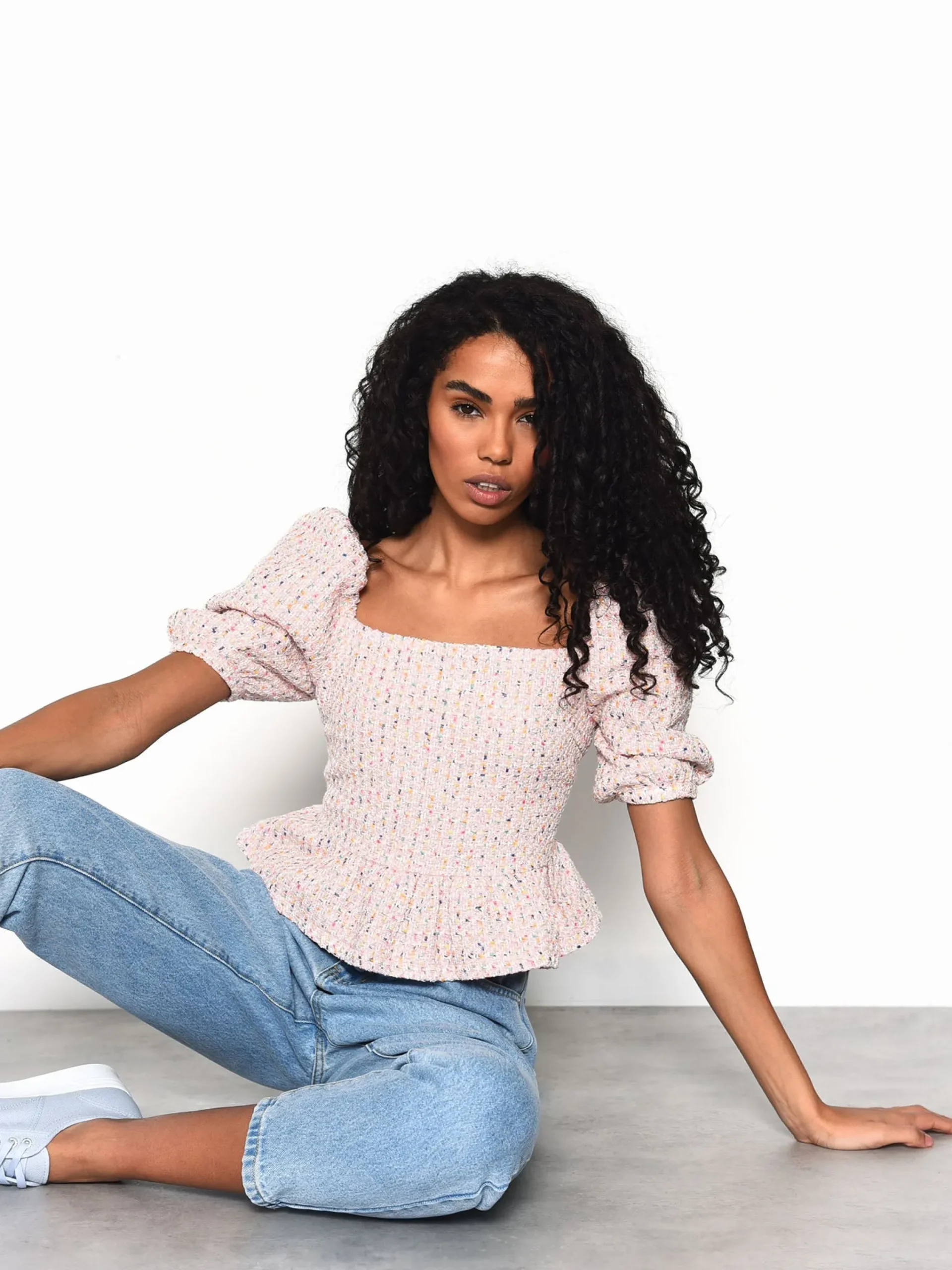 Glamorous Blouses & Shirts|Multi Tweed Peplum Puff Sleeve Blouse -