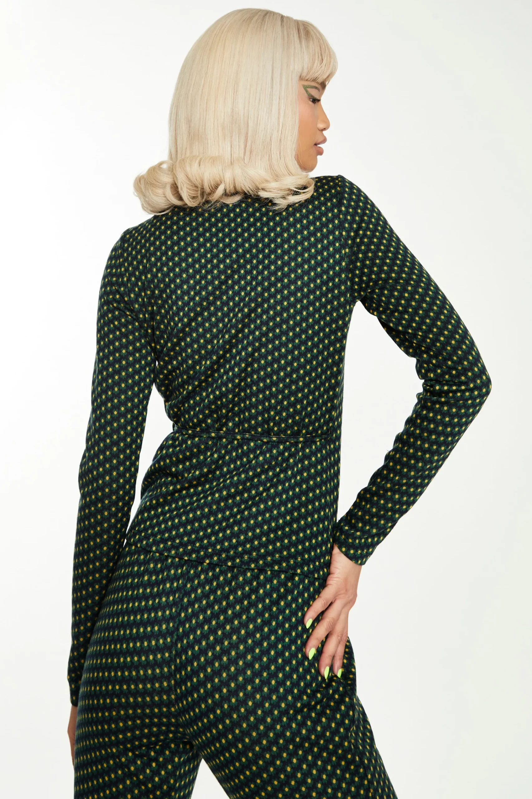 Glamorous Go To Partywear|Navy Green Daisy Geo Long Sleeve Wrap Top -