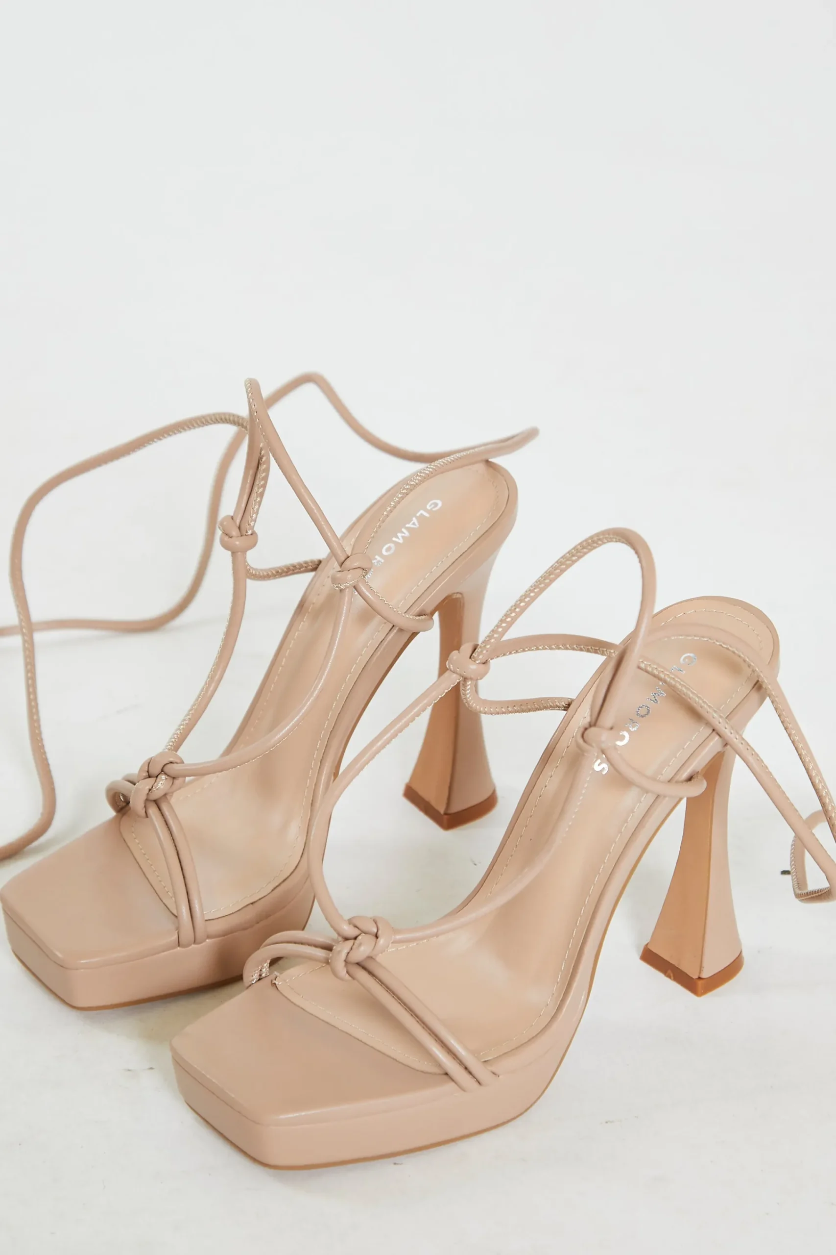 Glamorous Prom|Best Dressed Guest|Nude Lace Up Flared Heels -