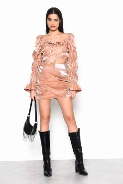 Glamorous Going Out Skirts|Go To Partywear|Nude Shimmer Draped Front Mini Skirt -