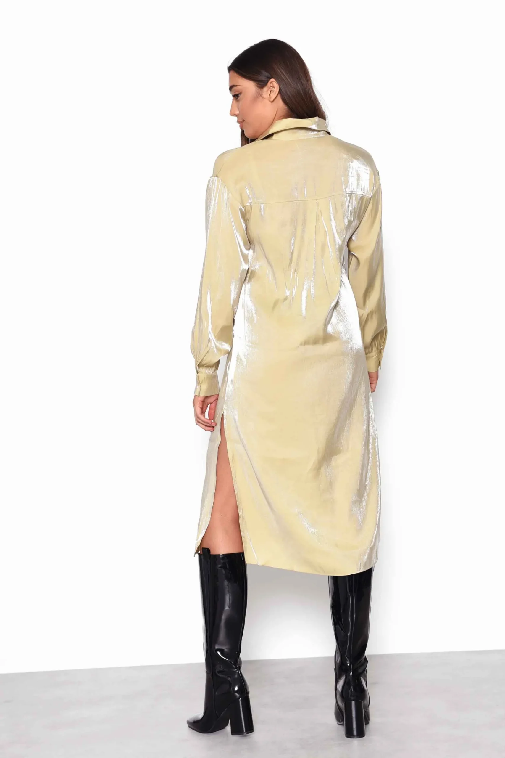 Glamorous Midi & Midaxi Dresses|Midi & Midaxi Dresses|Ochre Shimmer Long Sleeve Midi Shirt Dress with Side Splits -