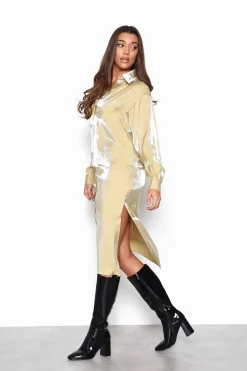 Glamorous Midi & Midaxi Dresses|Midi & Midaxi Dresses|Ochre Shimmer Long Sleeve Midi Shirt Dress with Side Splits -