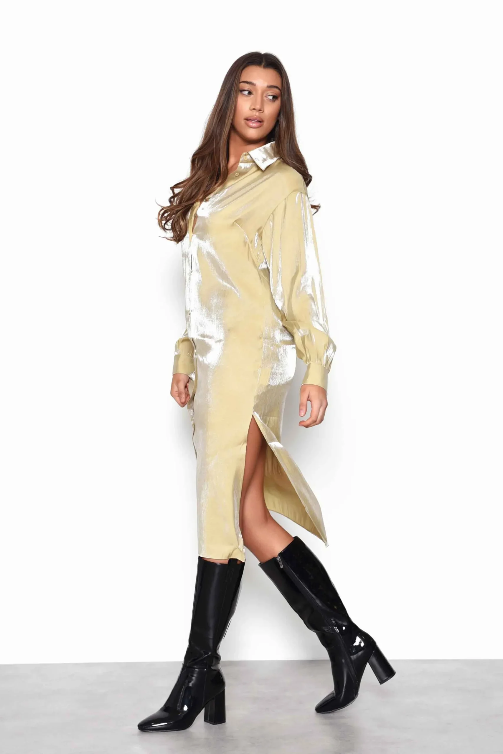 Glamorous Midi & Midaxi Dresses|Midi & Midaxi Dresses|Ochre Shimmer Long Sleeve Midi Shirt Dress with Side Splits -