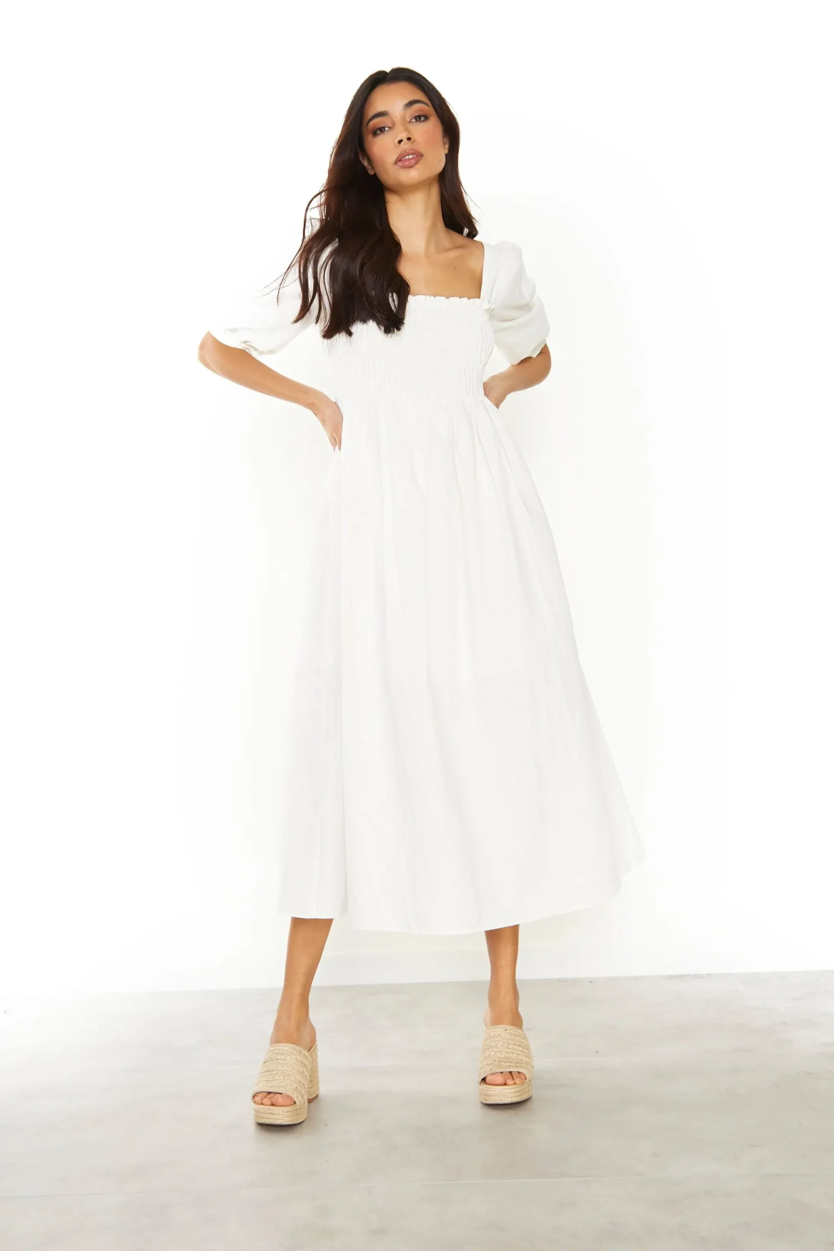 Glamorous Day Dresses|Midi & Midaxi Dresses|Off White Square Neck Short Sleeve Midi Dress -