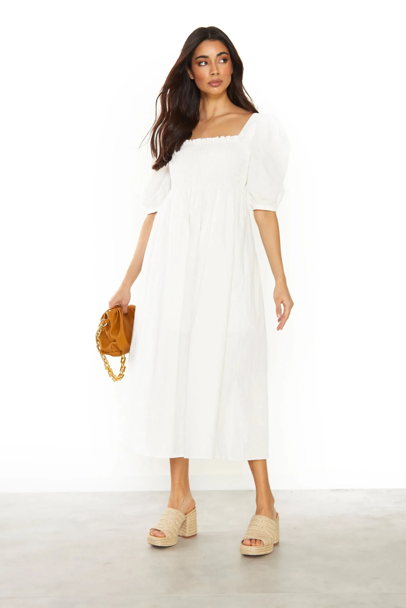 Glamorous Day Dresses|Midi & Midaxi Dresses|Off White Square Neck Short Sleeve Midi Dress -