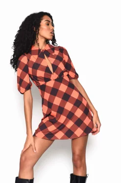 Glamorous Mini Dresses|Mini Dresses|Orange Check Collared Puff Sleeve Mini Dress with Keyhole de -