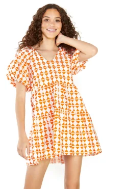 Glamorous Mini Dresses|Mini Dresses|Orange Diamond Geo V- Neck Shift Mini Dress -