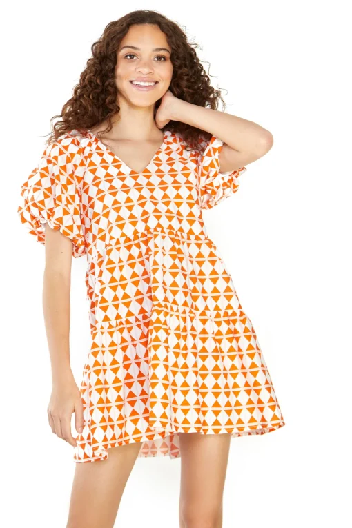 Glamorous Mini Dresses|Mini Dresses|Orange Diamond Geo V- Neck Shift Mini Dress -
