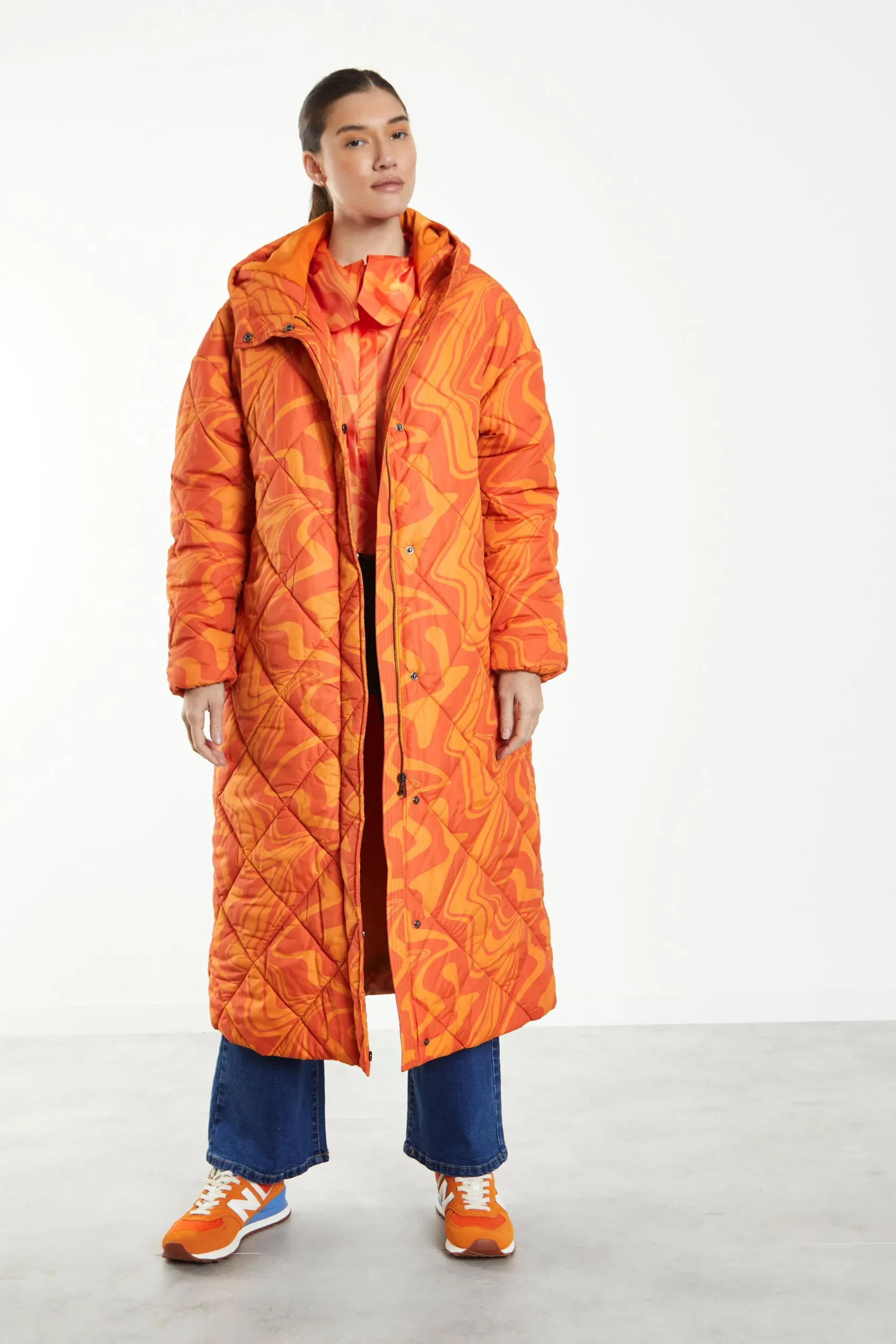Glamorous Longline Coats|Puffer Jackets|Orange Marble Quilted Longline Puffer Coat with Hood -