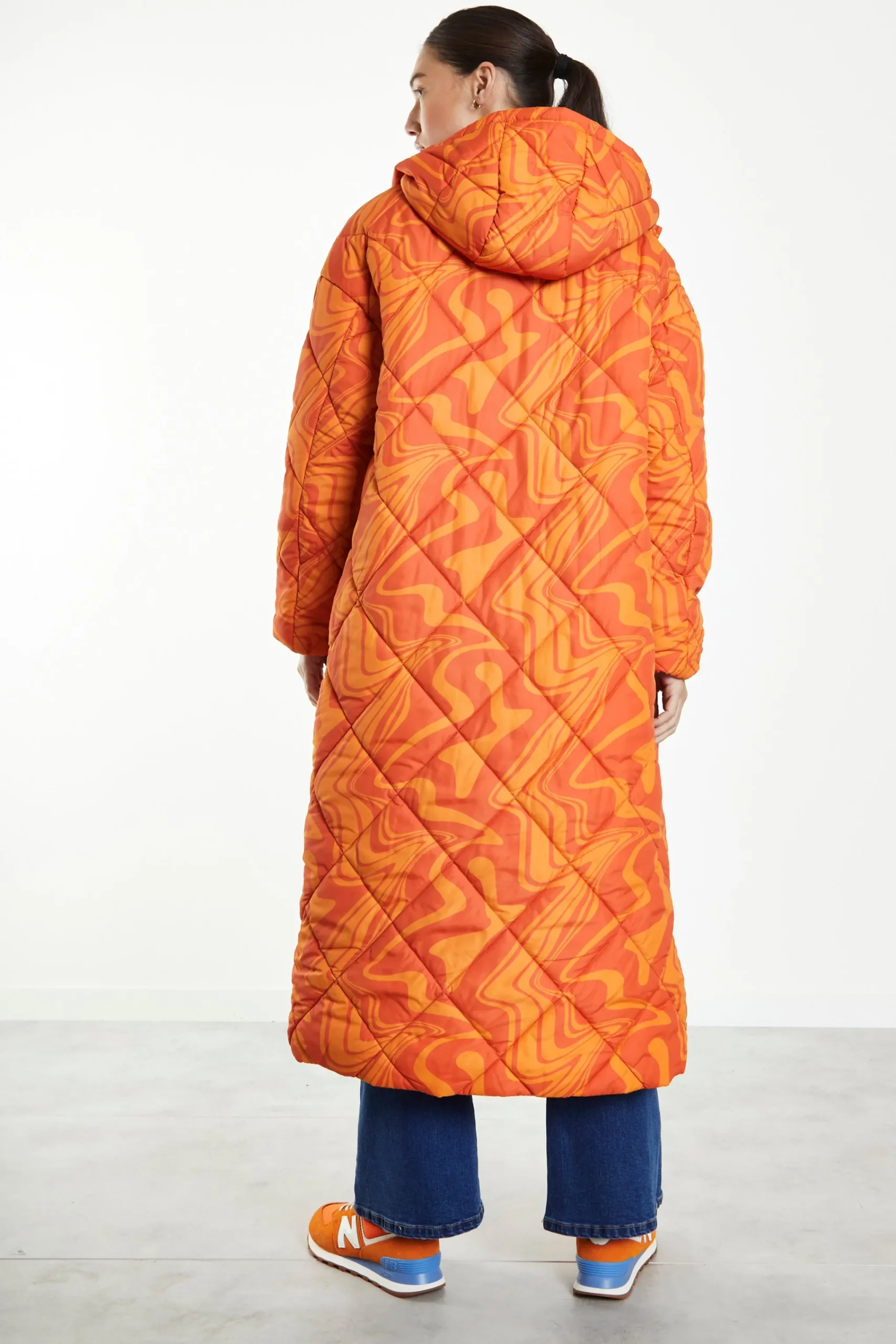Glamorous Longline Coats|Puffer Jackets|Orange Marble Quilted Longline Puffer Coat with Hood -