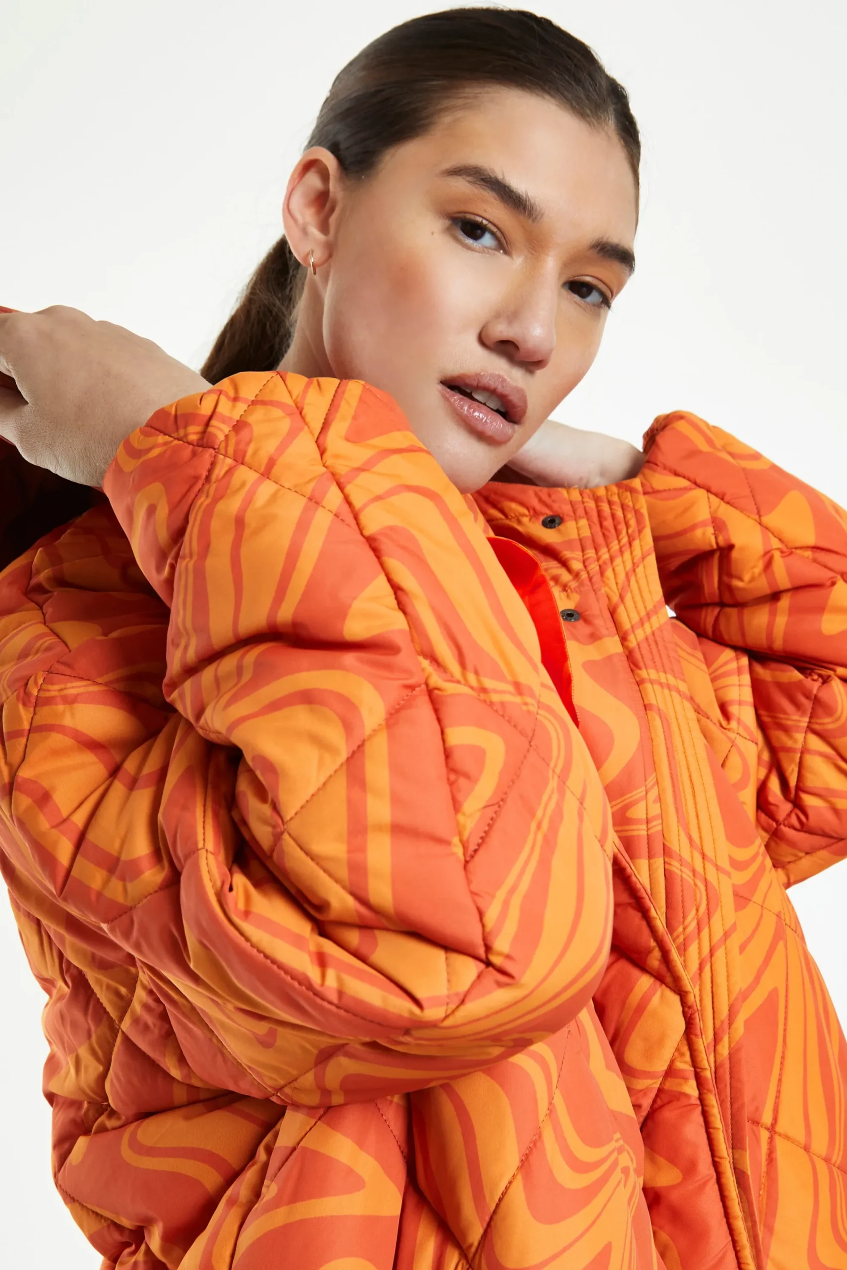 Glamorous Longline Coats|Puffer Jackets|Orange Marble Quilted Longline Puffer Coat with Hood -